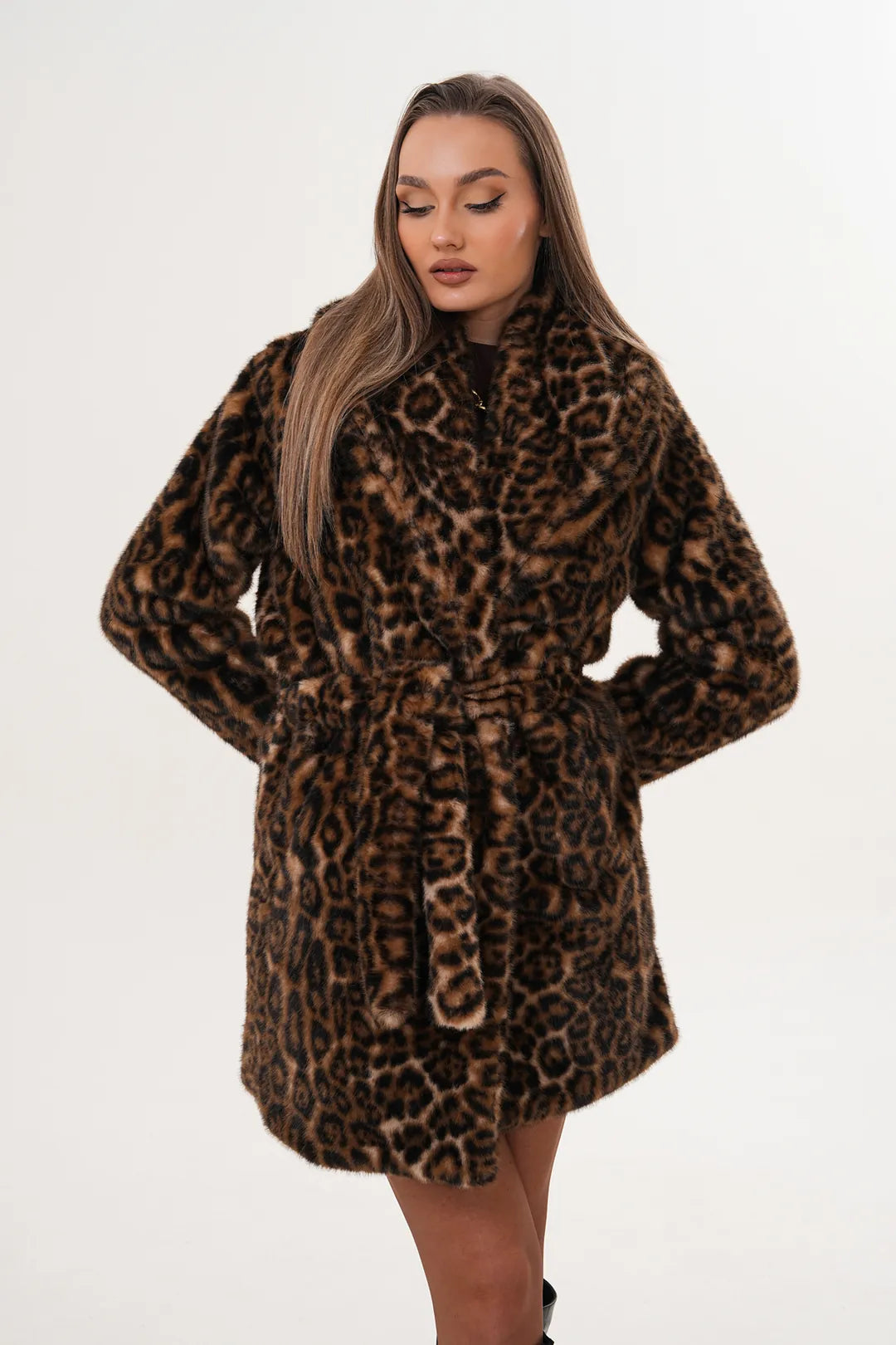 Midi-Length Mink Leopard Faux Fur Coat