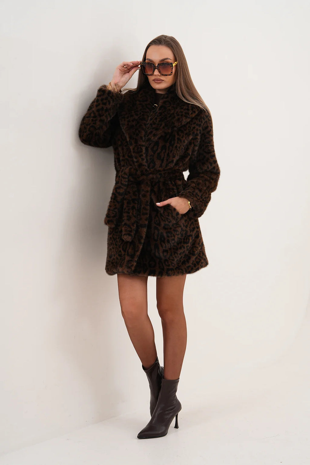 Midi-Length Mink Leopard Faux Fur Coat