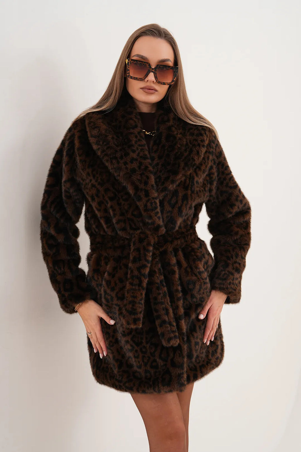 Midi-Length Mink Leopard Faux Fur Coat