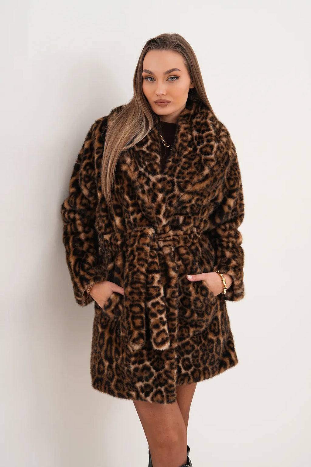 Midi-Length Mink Leopard Faux Fur Coat