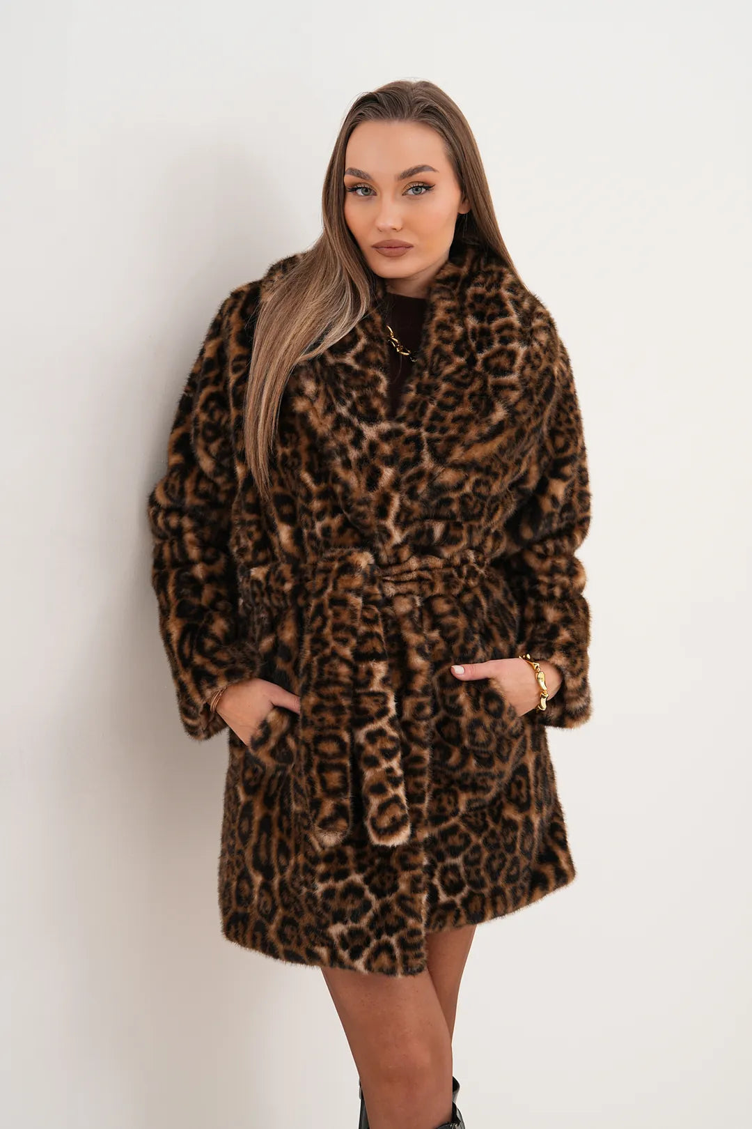 Midi-Length Mink Leopard Faux Fur Coat