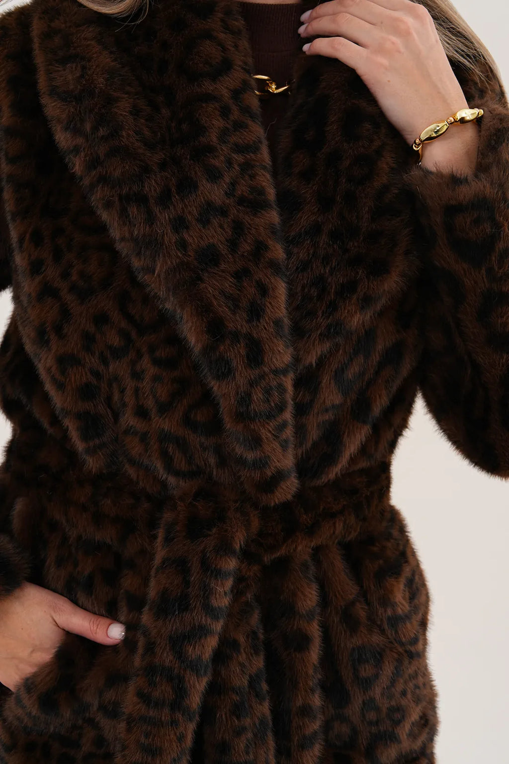 Midi-Length Mink Leopard Faux Fur Coat