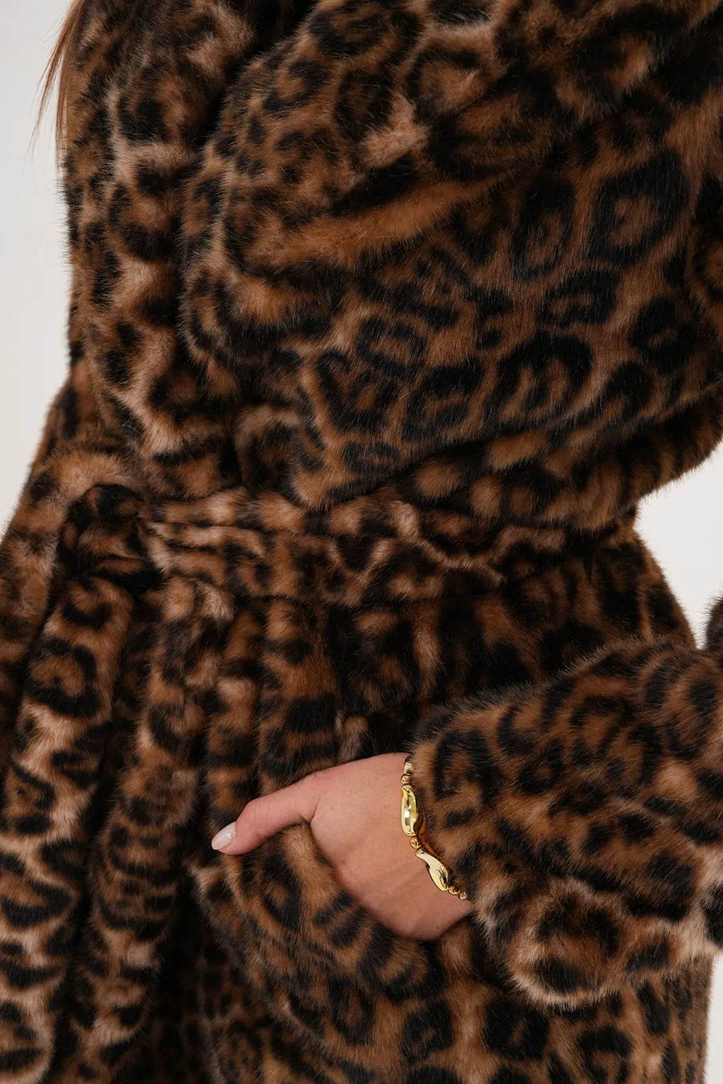 Midi-Length Mink Leopard Faux Fur Coat