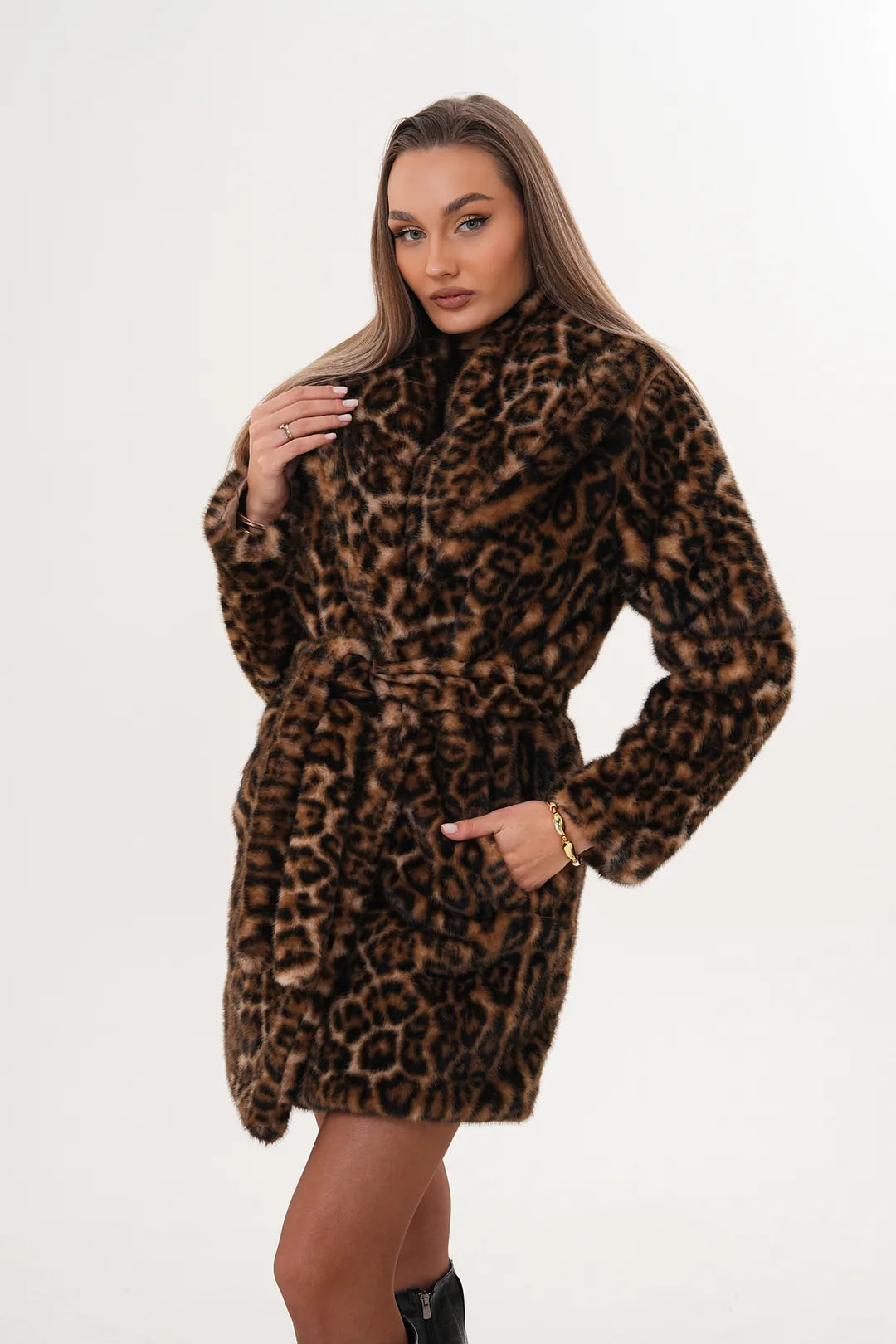 Midi-Length Mink Leopard Faux Fur Coat