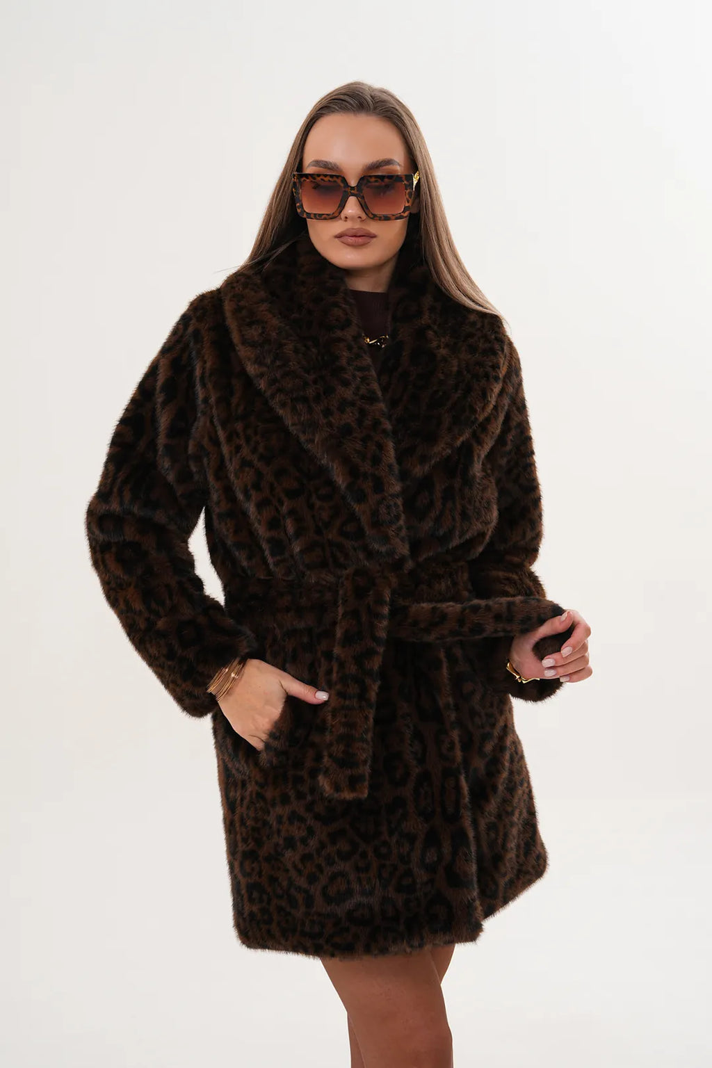 Midi-Length Mink Leopard Faux Fur Coat