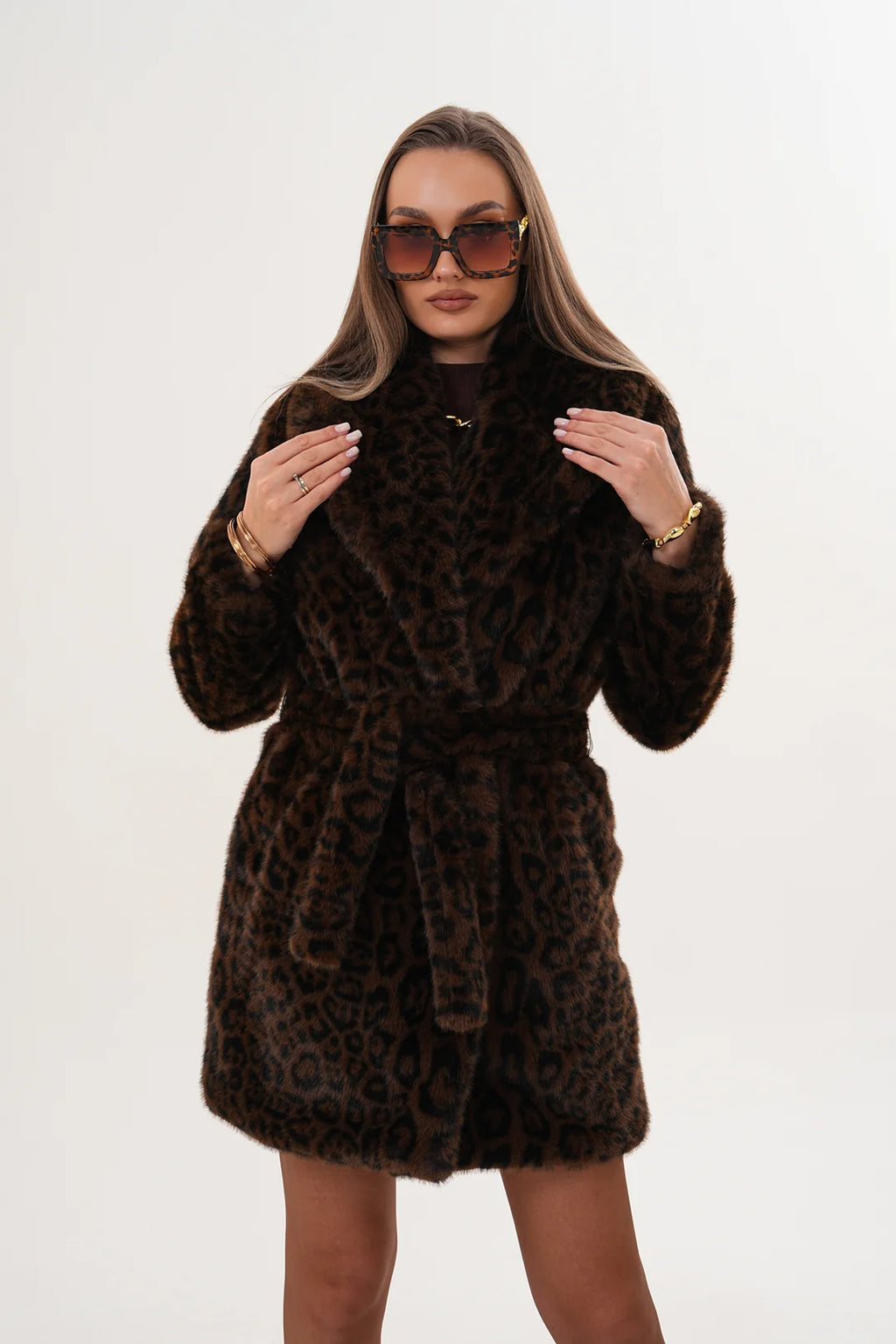 Midi-Length Mink Leopard Faux Fur Coat