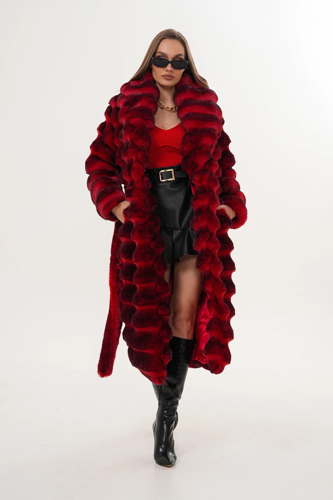 Red Chinchilla Patterned Faux Fur Coat