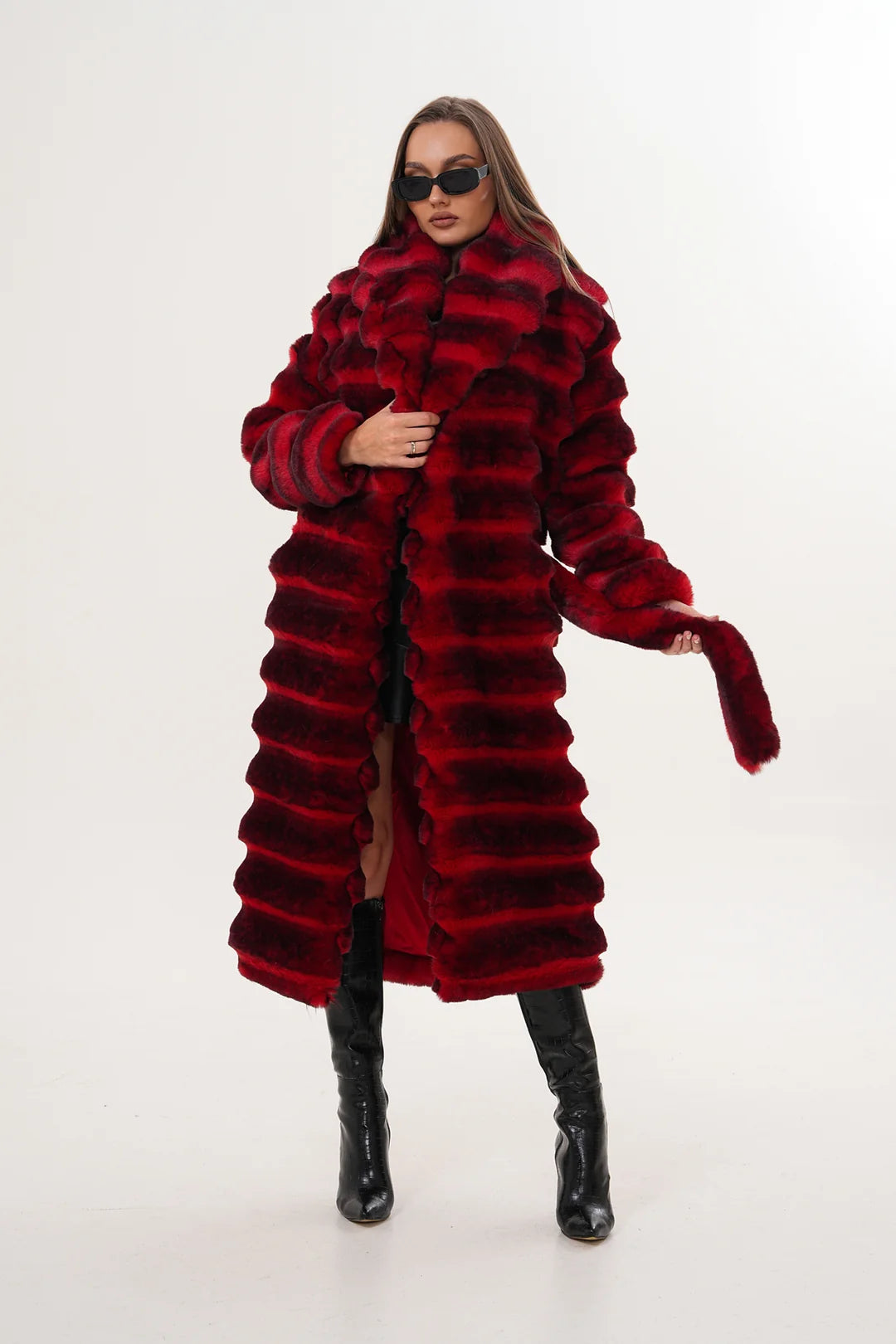 Red Chinchilla Patterned Faux Fur Coat