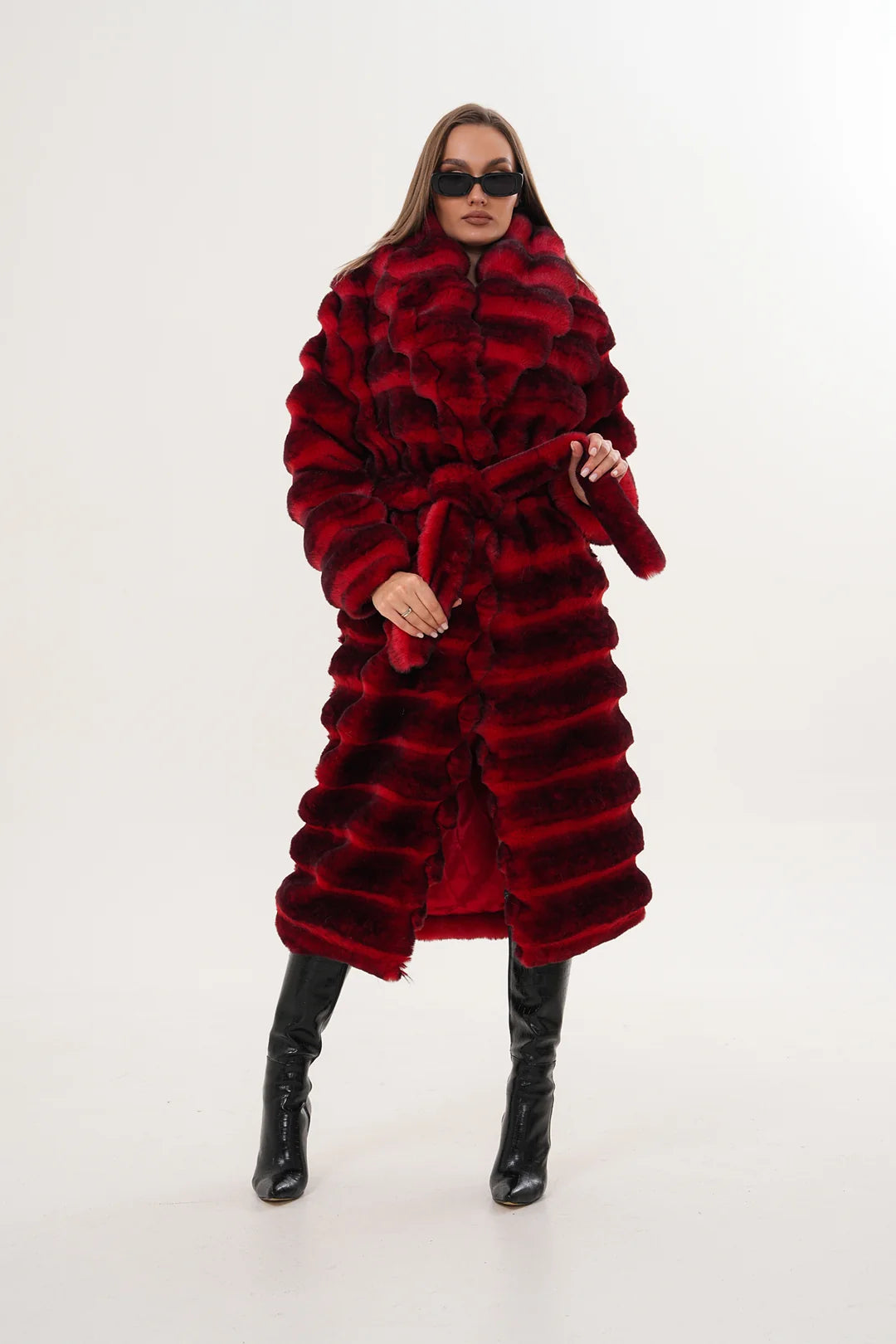 Red Chinchilla Patterned Faux Fur Coat