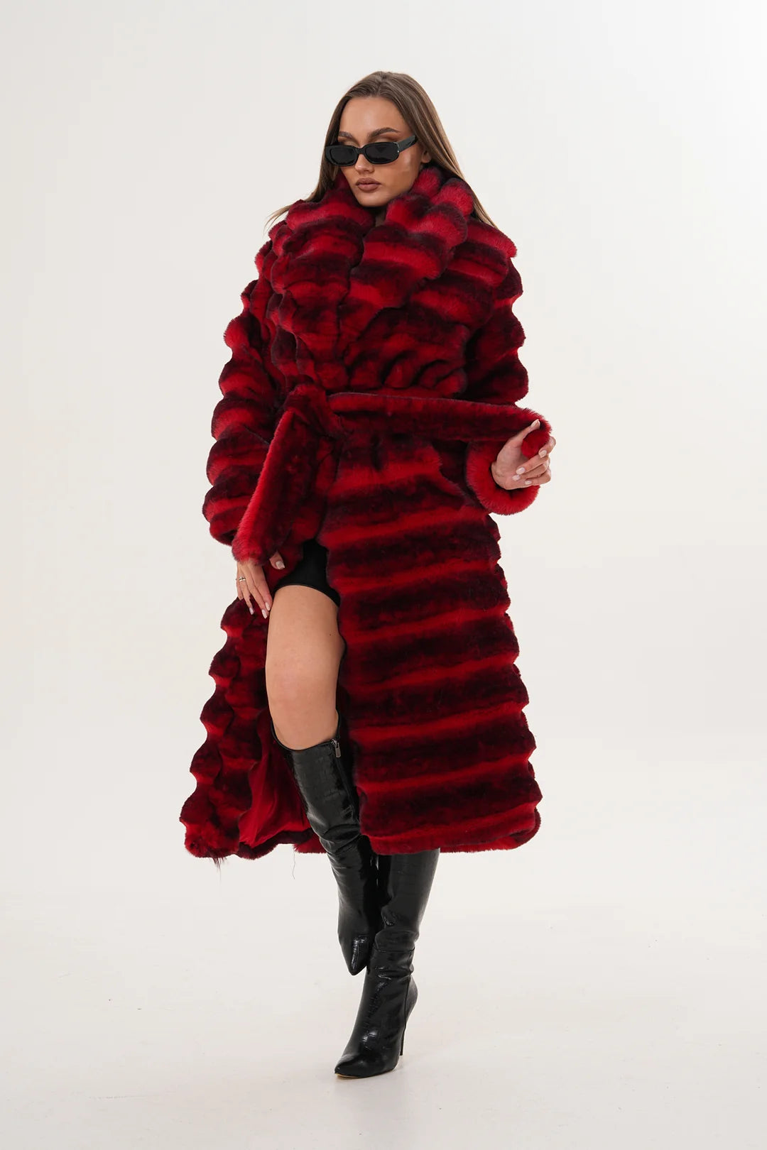 Red Chinchilla Patterned Faux Fur Coat