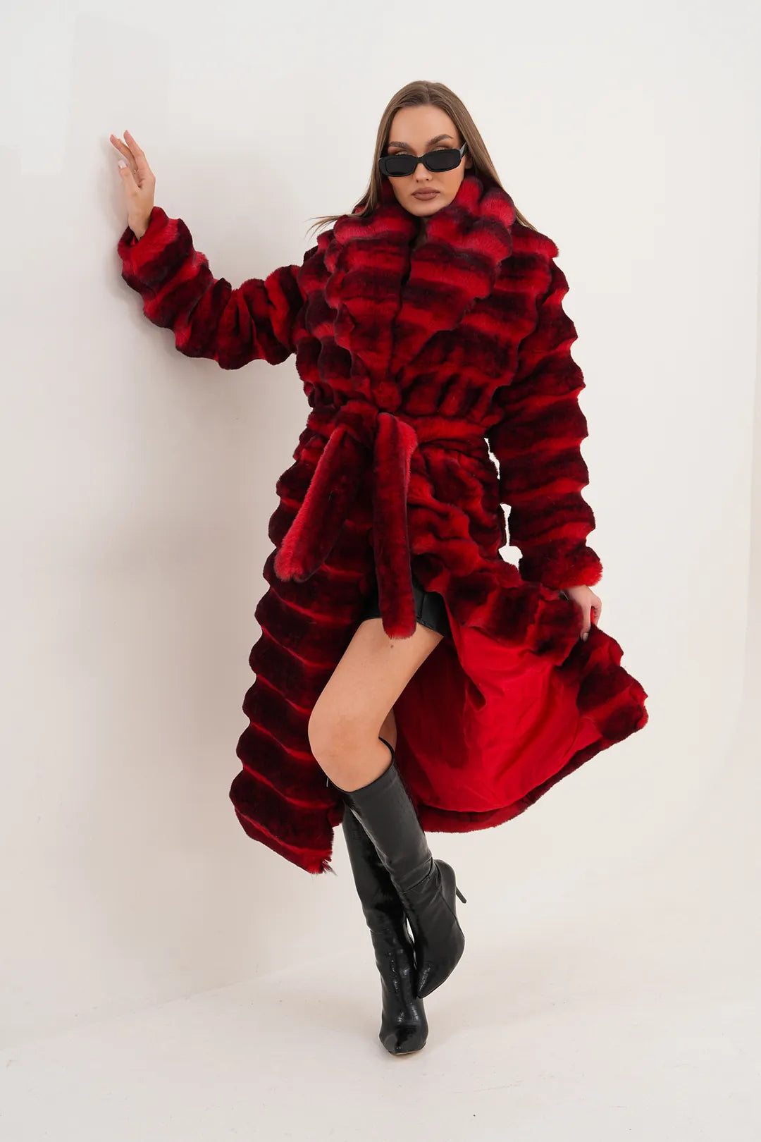 Red Chinchilla Patterned Faux Fur Coat