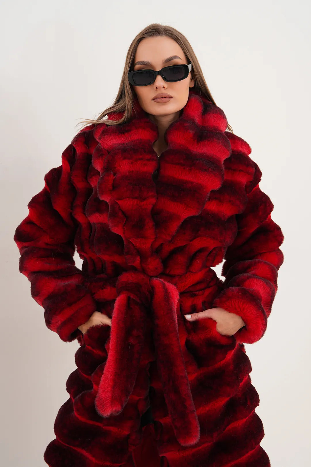 Red Chinchilla Patterned Faux Fur Coat