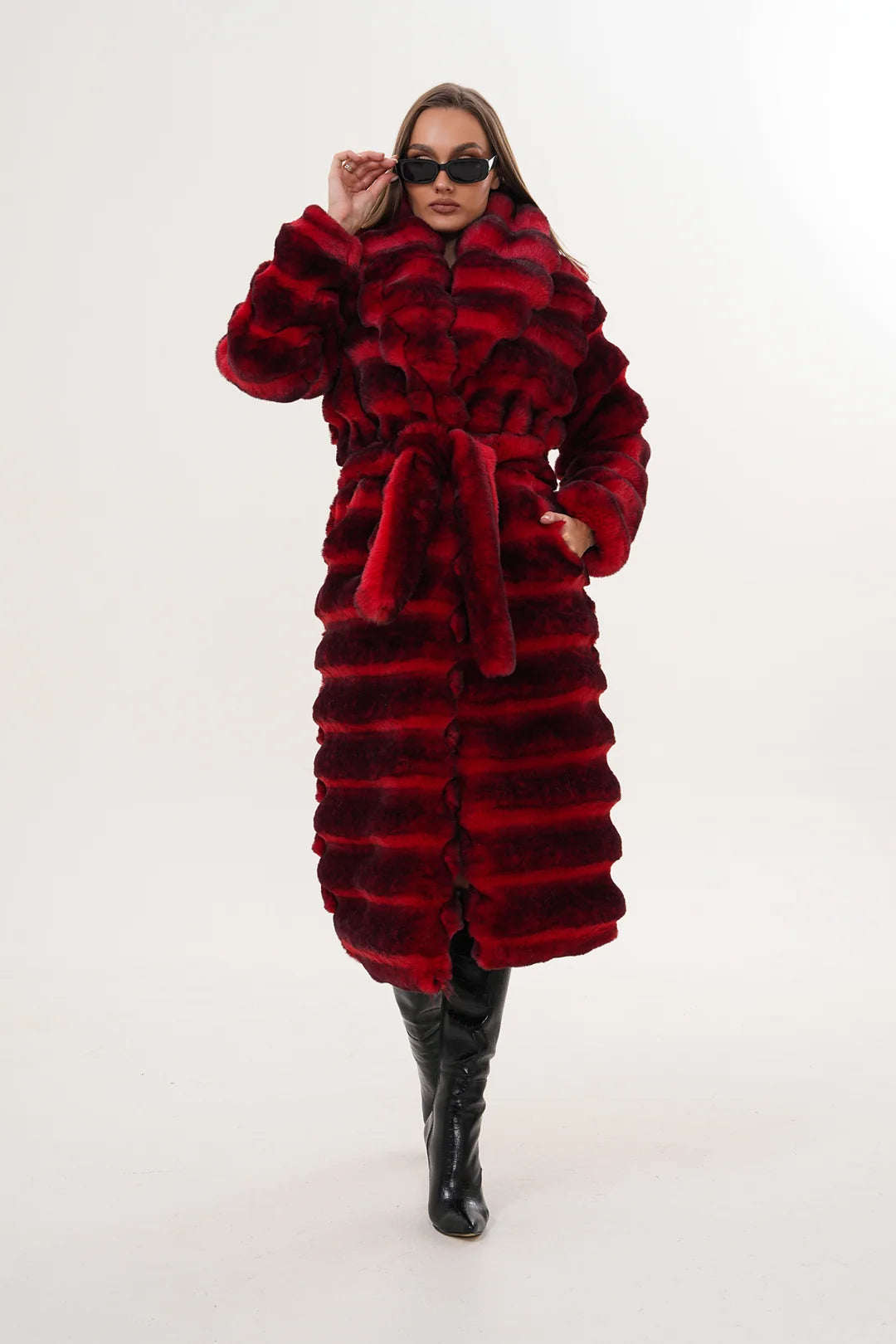 Red Chinchilla Patterned Faux Fur Coat