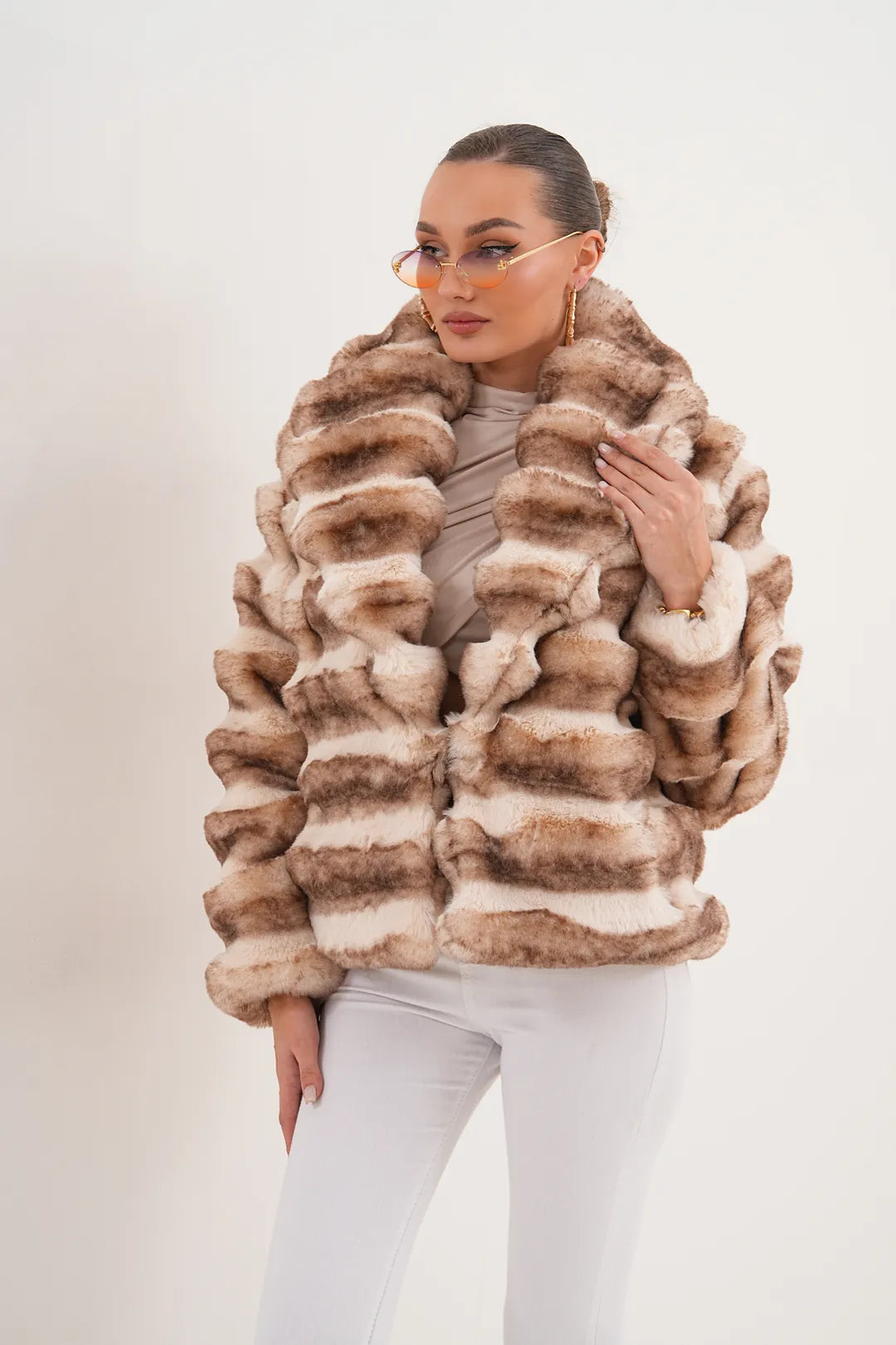 Shawl Collar Chinchilla-Pattern Faux Fur Jacket