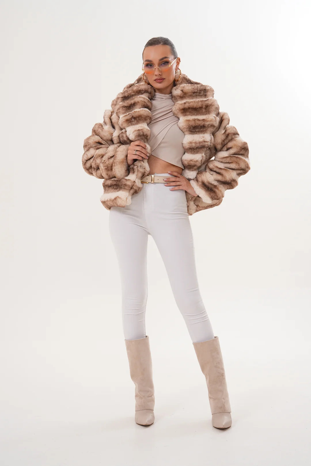 Shawl Collar Chinchilla-Pattern Faux Fur Jacket