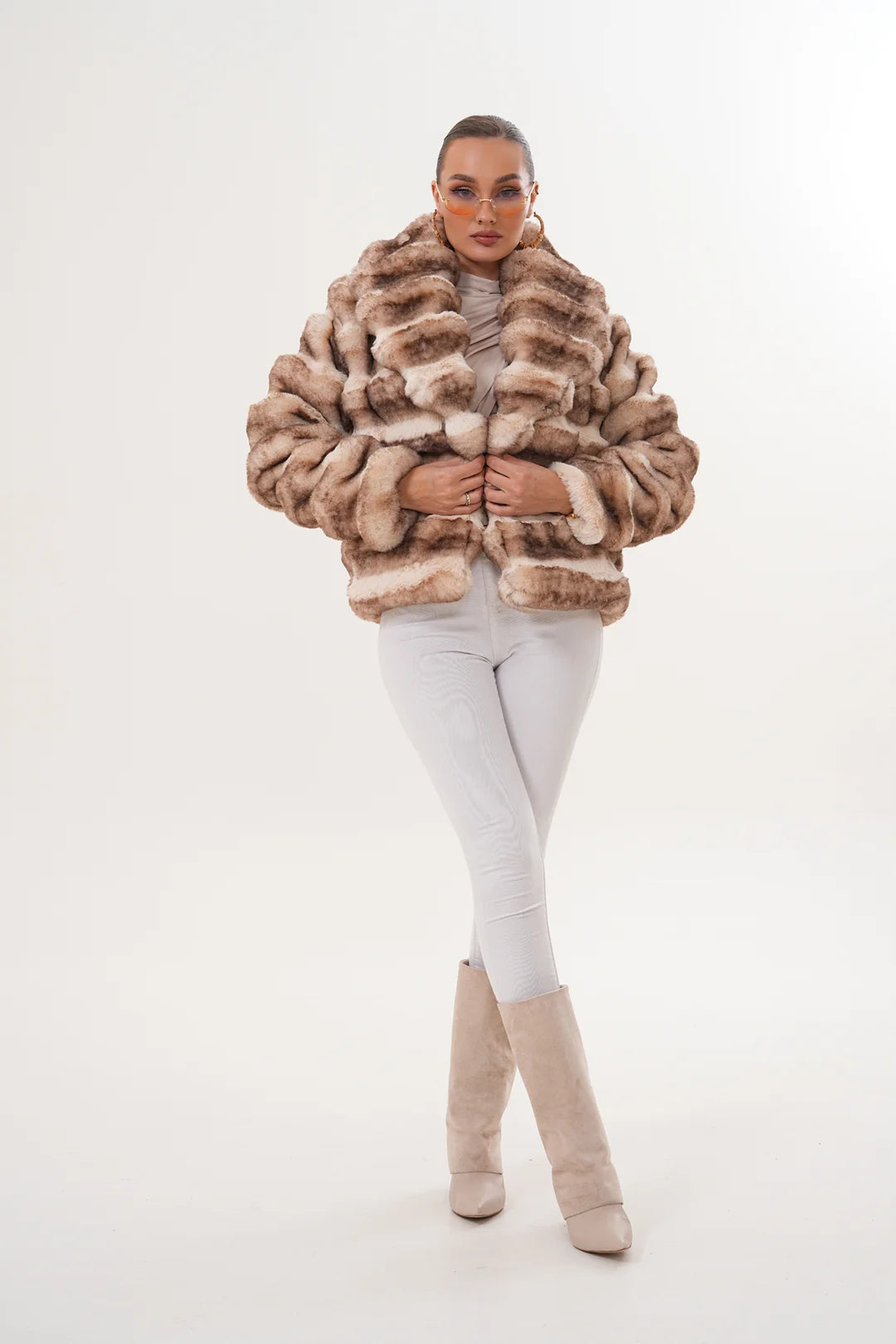 Shawl Collar Chinchilla-Pattern Faux Fur Jacket