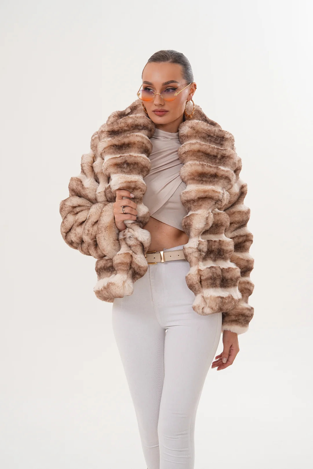 Shawl Collar Chinchilla-Pattern Faux Fur Jacket