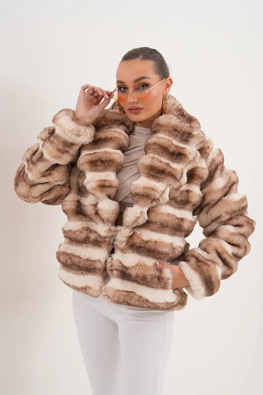 Shawl Collar Chinchilla-Pattern Faux Fur Jacket
