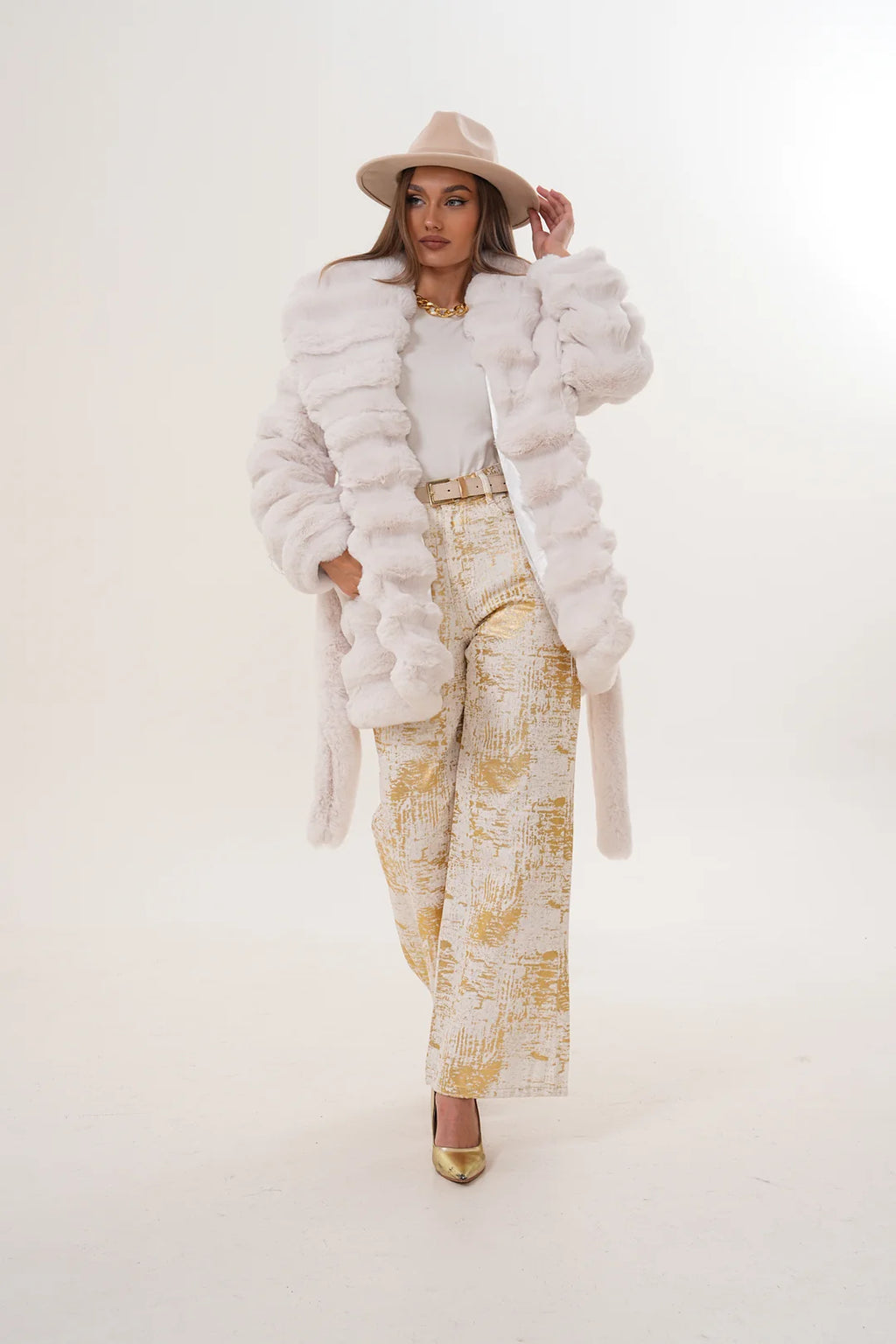 White Midi-Length Chinchilla Faux Fur Coat