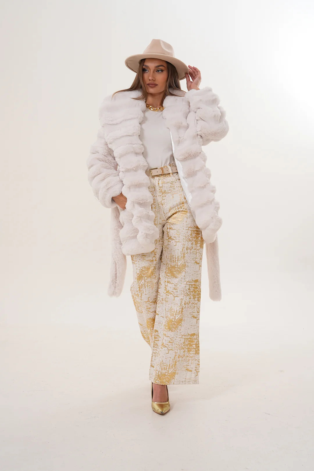 White Midi-Length Chinchilla Faux Fur Coat