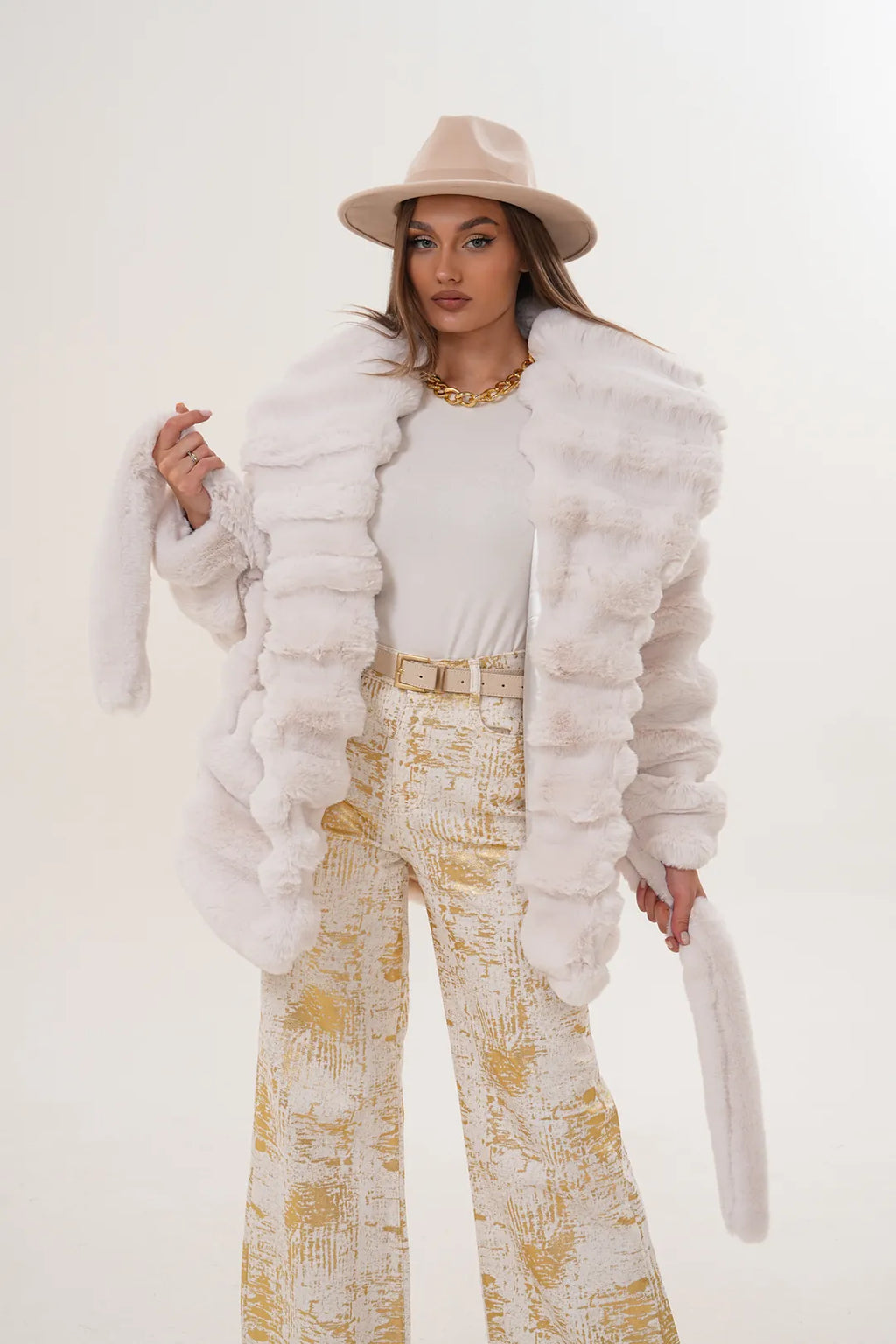 White Midi-Length Chinchilla Faux Fur Coat