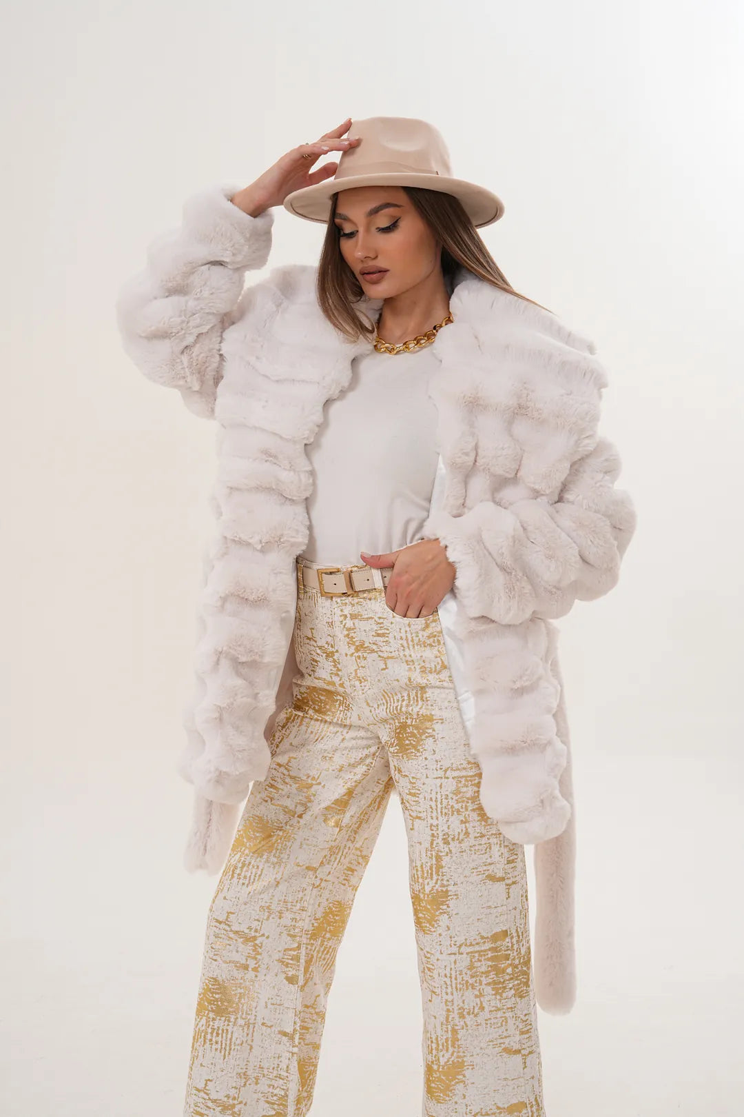 White Midi-Length Chinchilla Faux Fur Coat