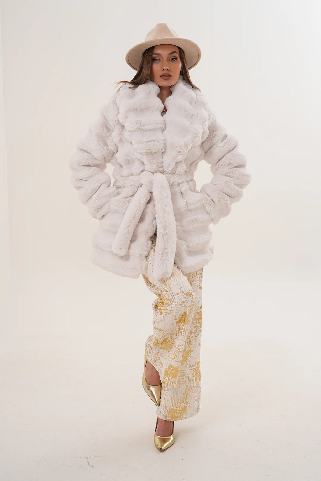 White Midi-Length Chinchilla Faux Fur Coat