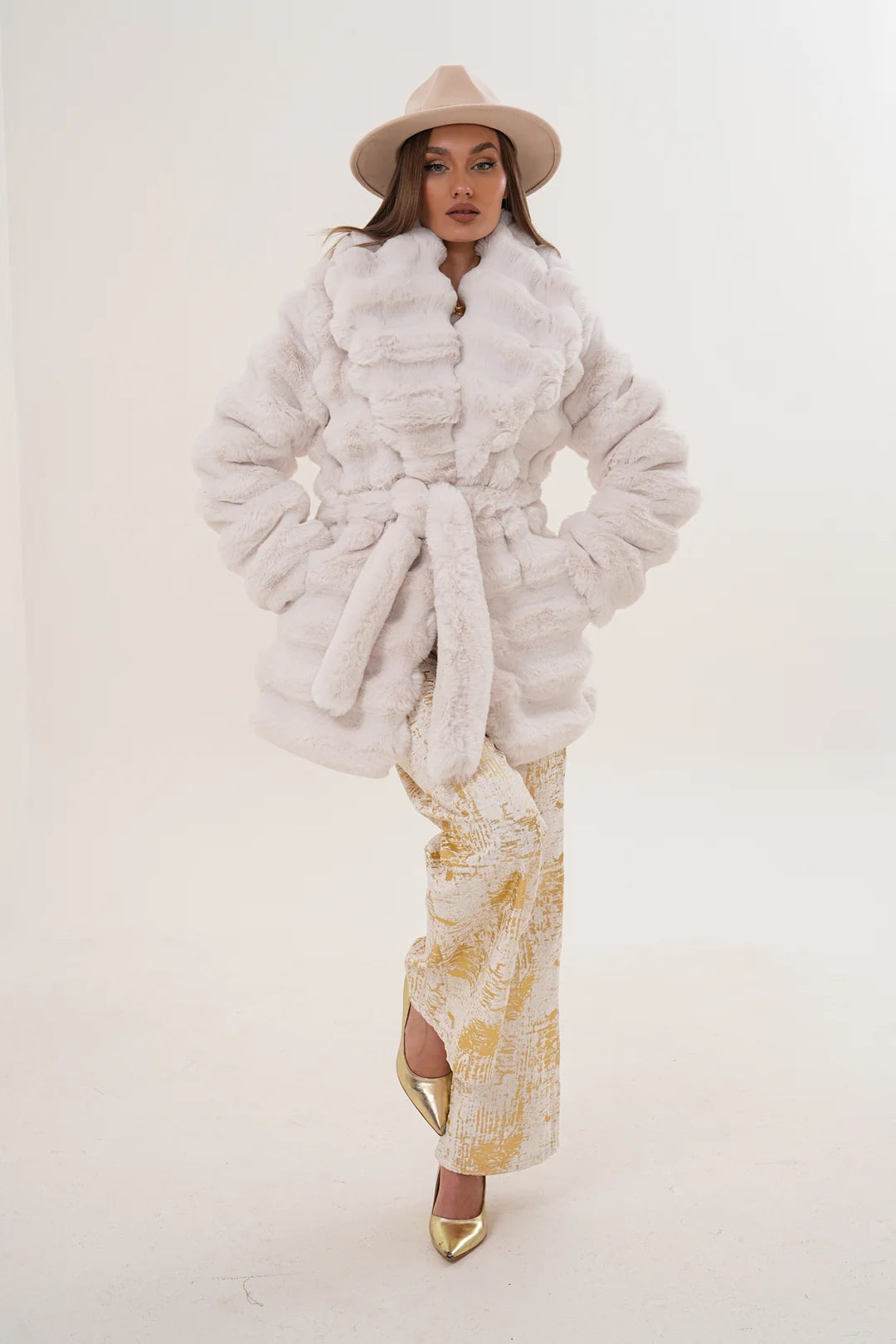 White Midi-Length Chinchilla Faux Fur Coat
