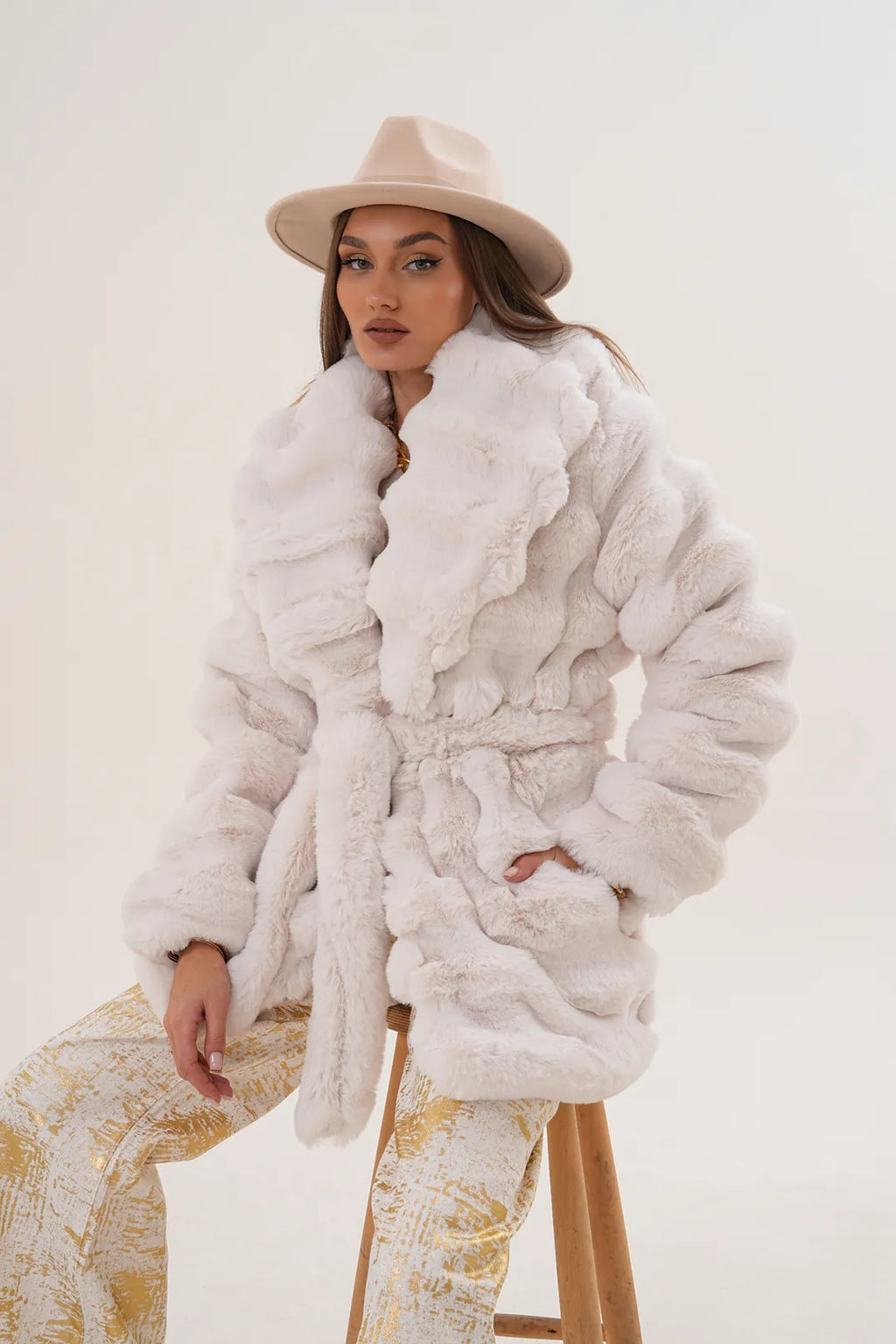White Midi-Length Chinchilla Faux Fur Coat