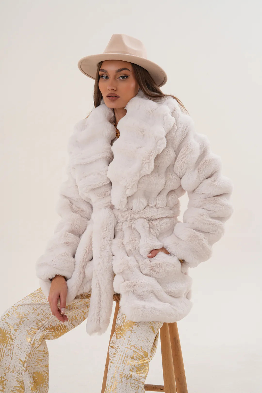 White Midi-Length Chinchilla Faux Fur Coat