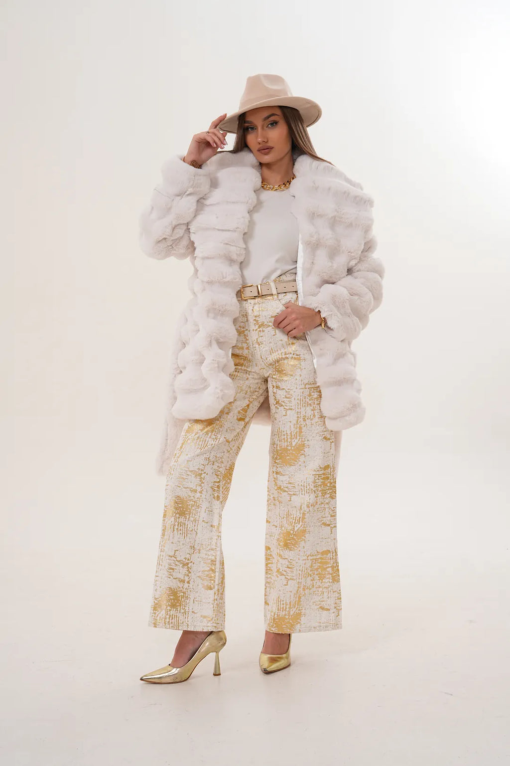 White Midi-Length Chinchilla Faux Fur Coat