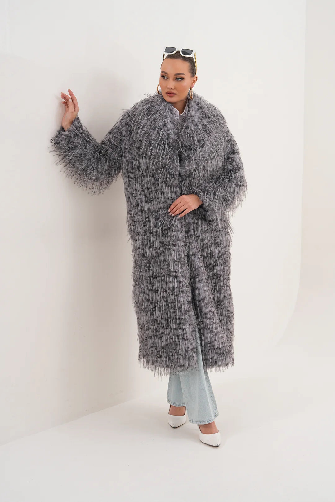Grey Long Faux Fur Coat