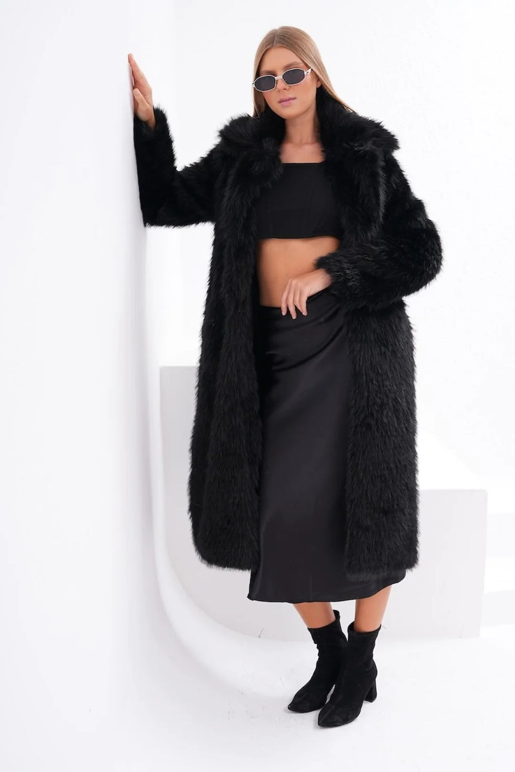 Black Full-Length Faux Fur Coat