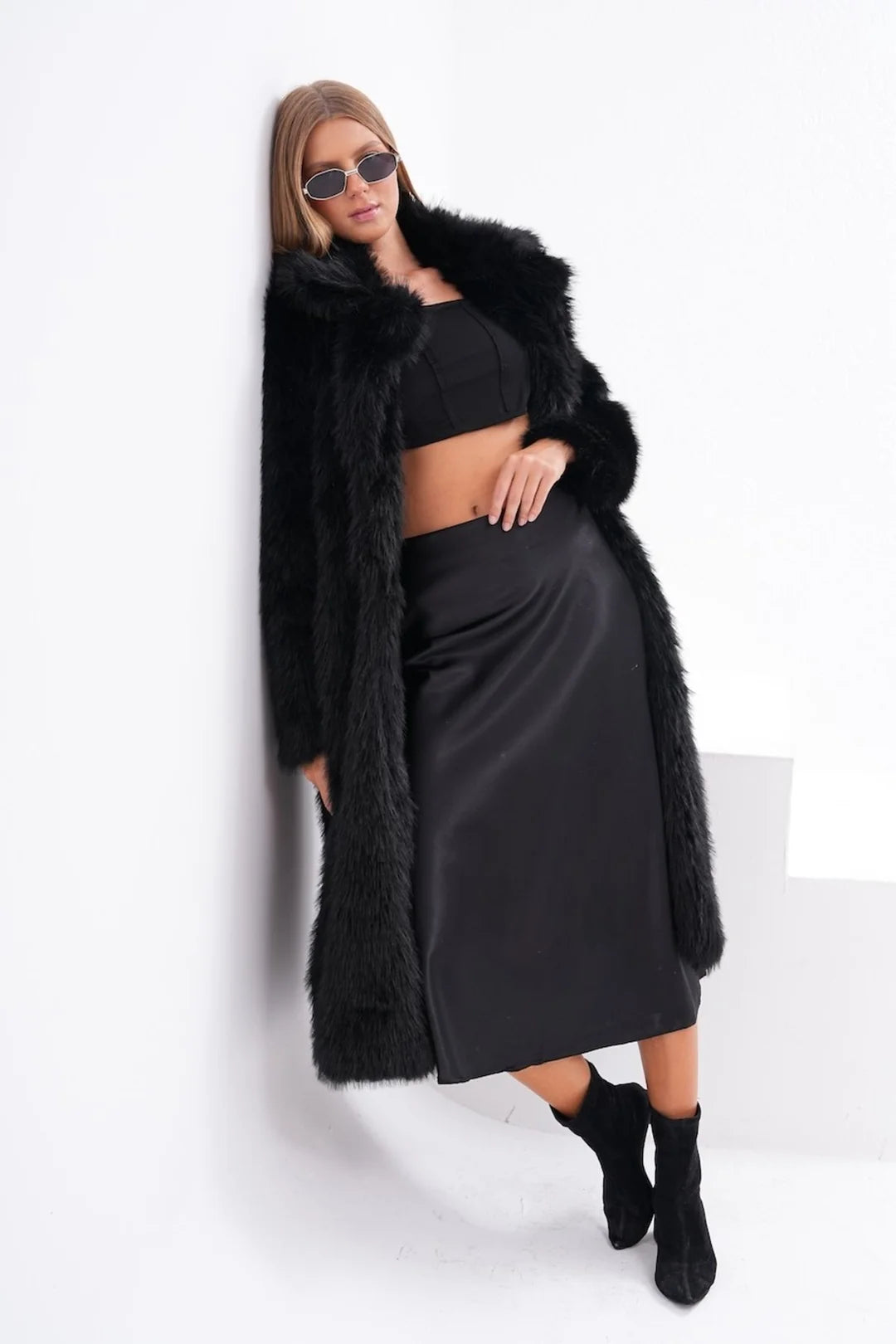 Black Full-Length Faux Fur Coat