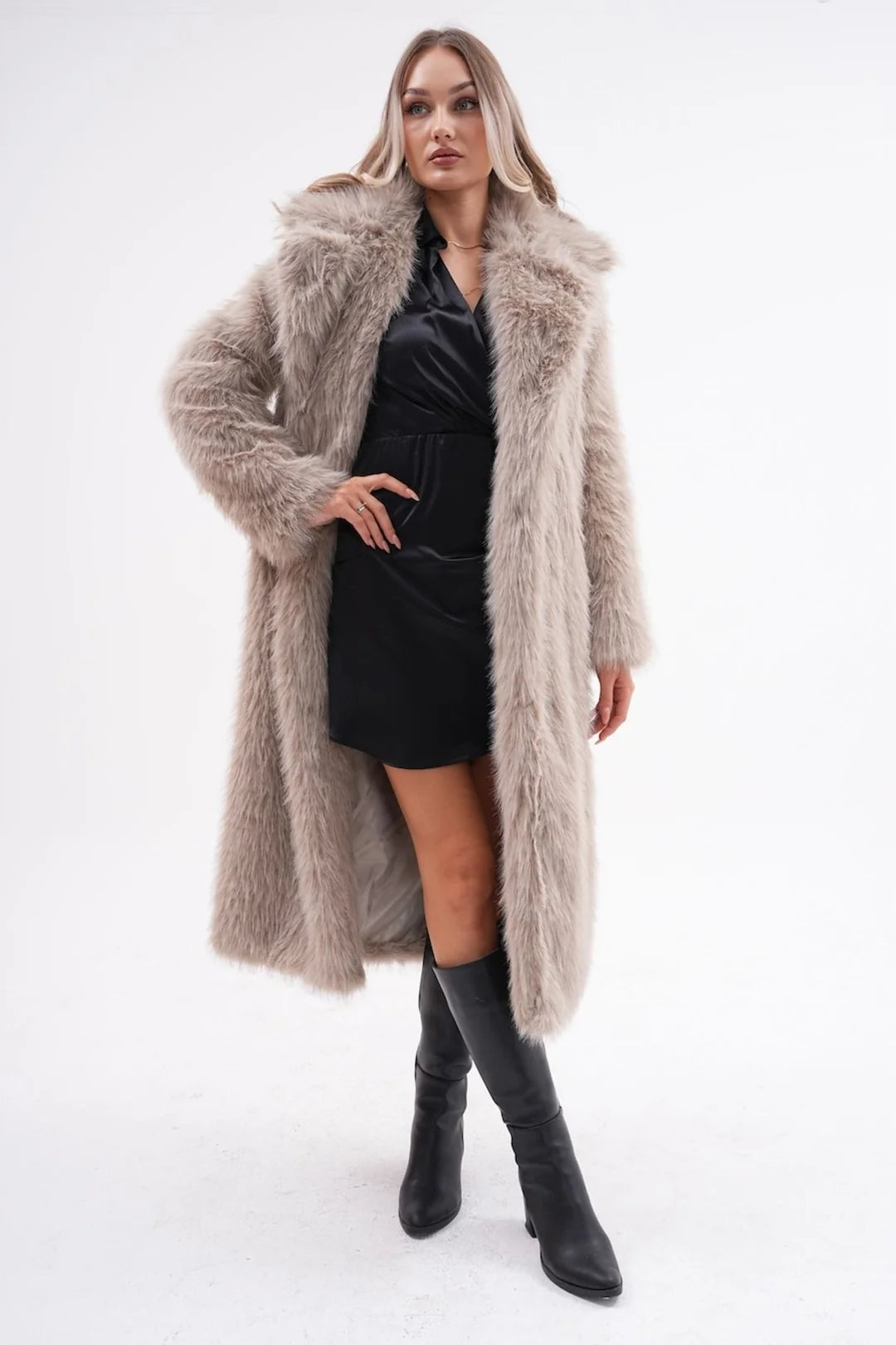 Dark Beige Full-Length Faux Fur Coat