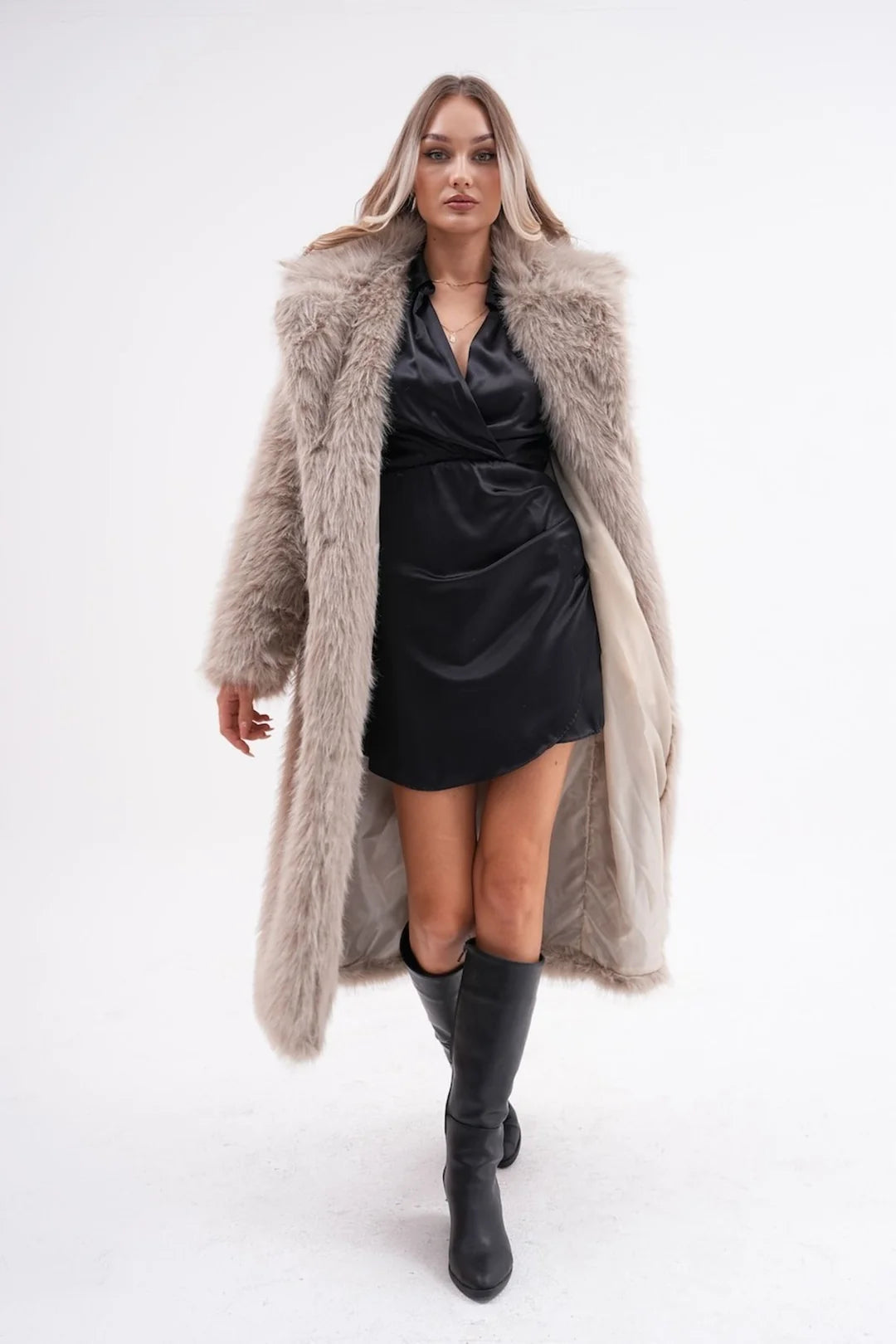 Dark Beige Full-Length Faux Fur Coat