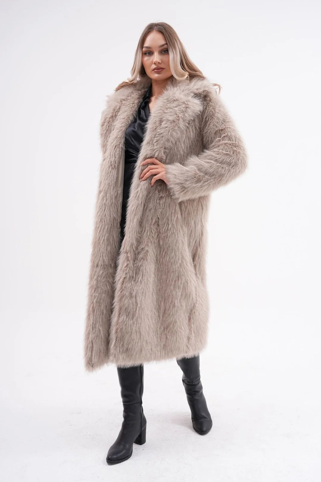 Dark Beige Full-Length Faux Fur Coat