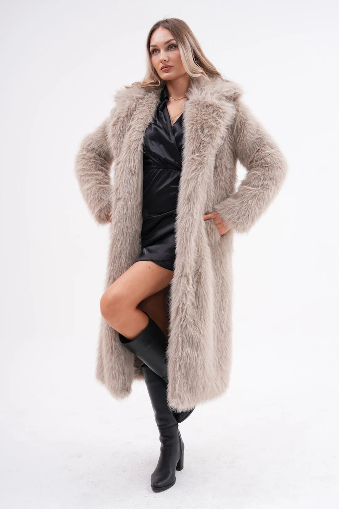 Dark Beige Full-Length Faux Fur Coat