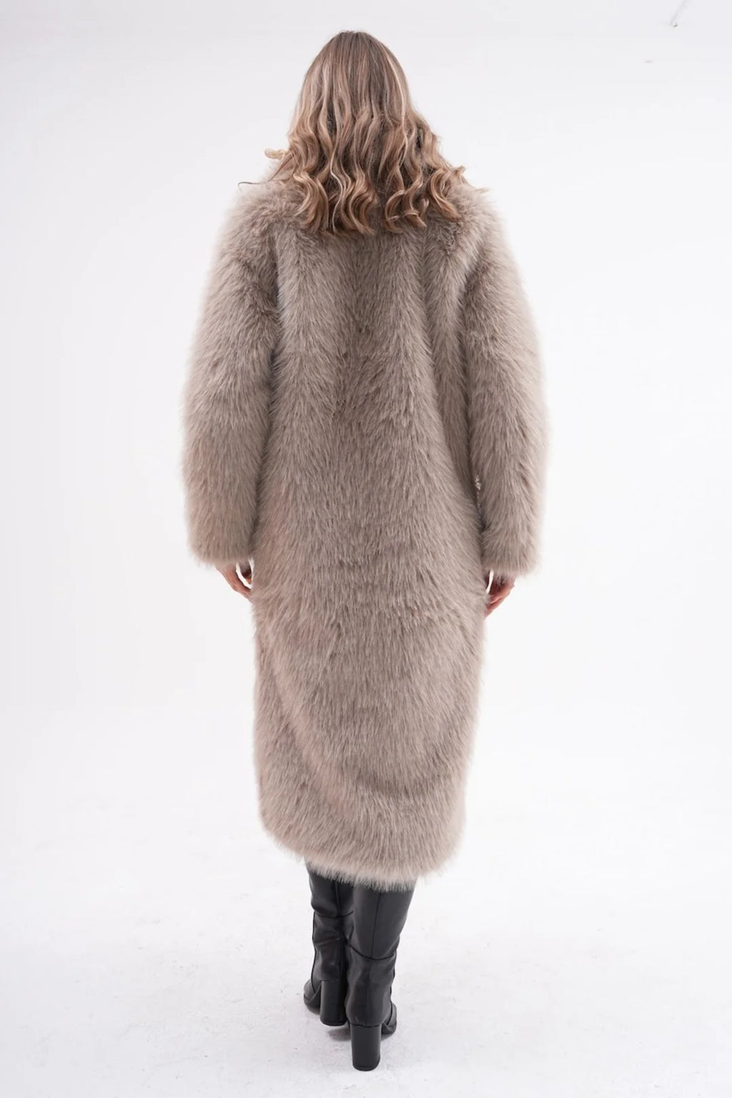 Dark Beige Full-Length Faux Fur Coat
