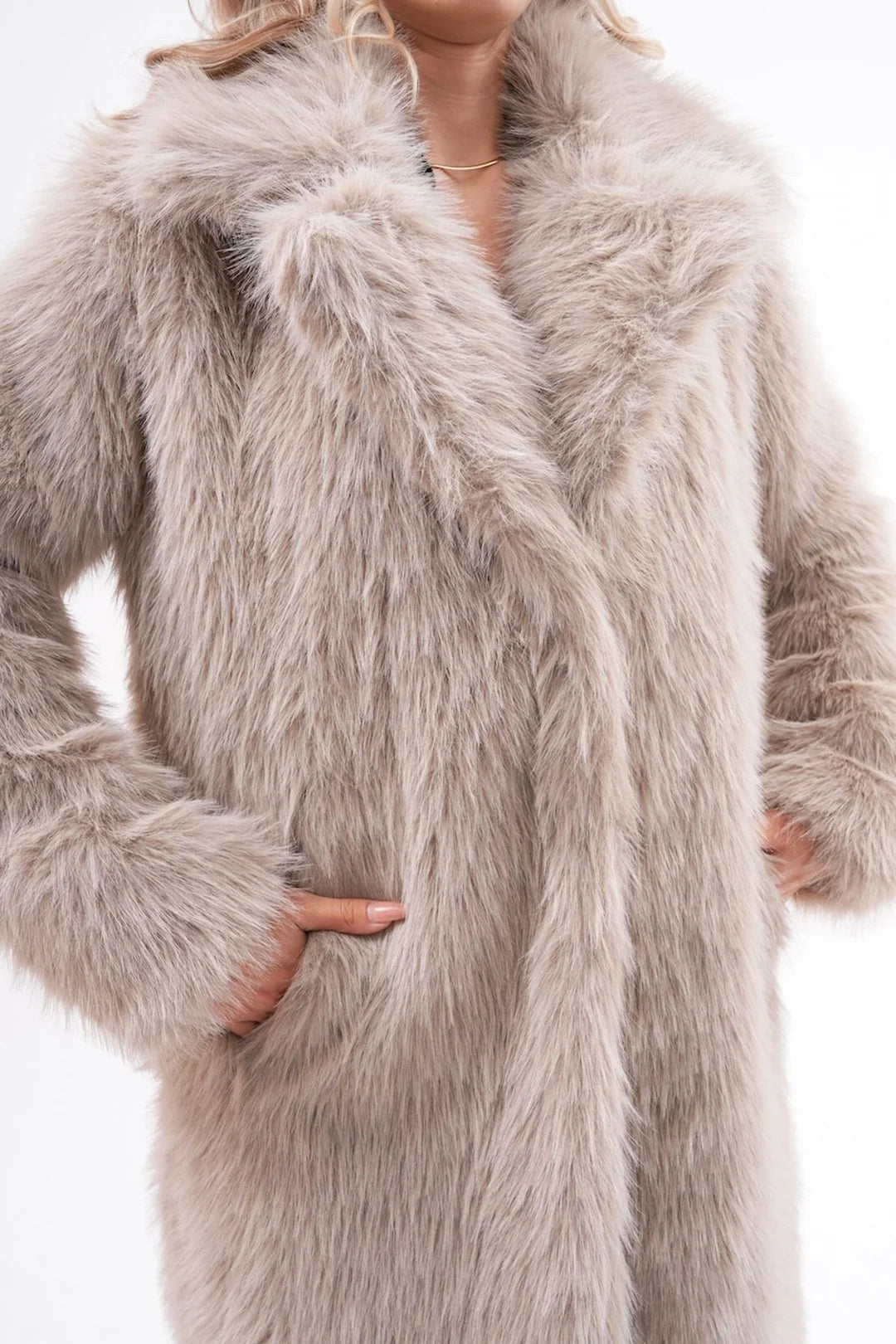 Dark Beige Full-Length Faux Fur Coat