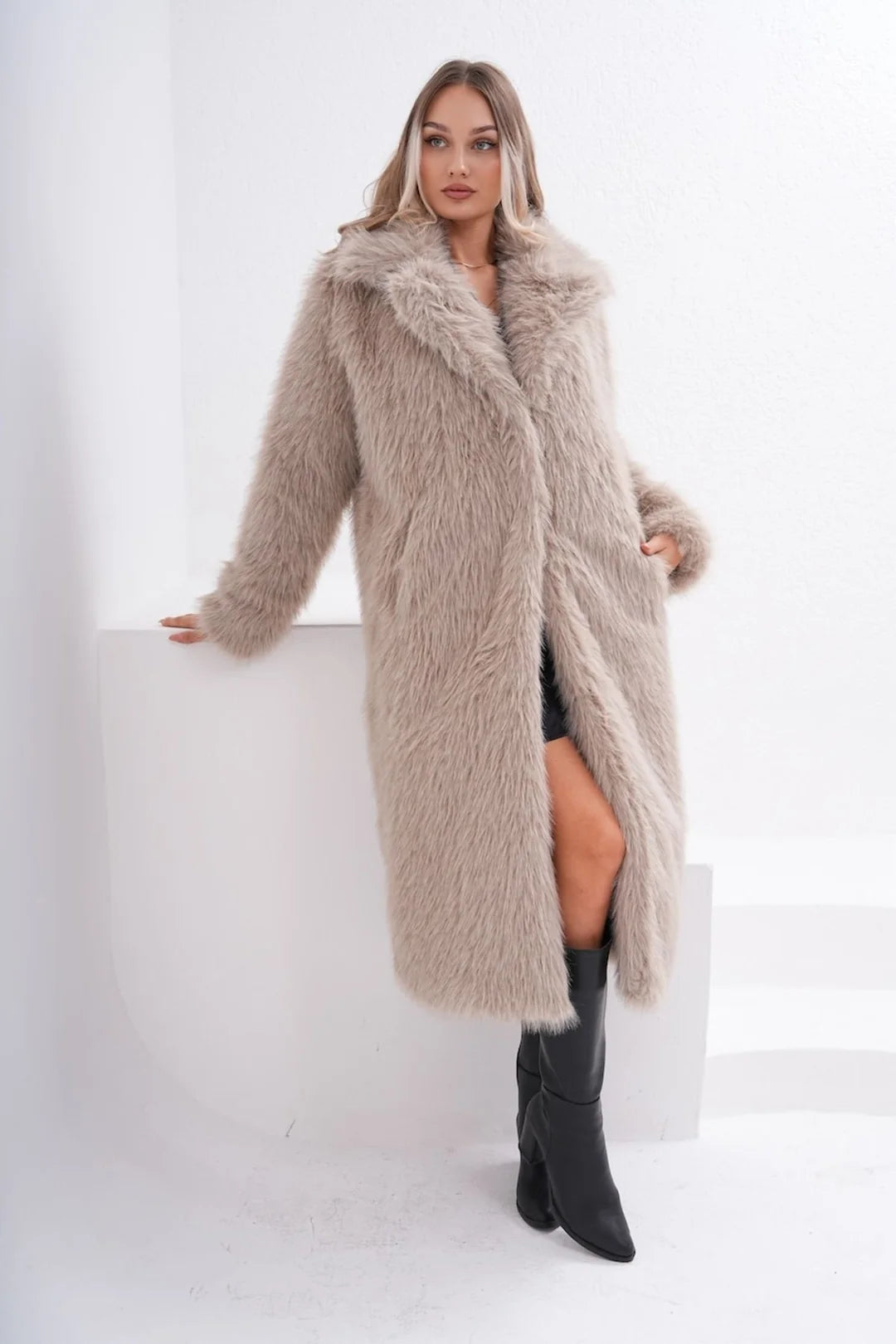 Dark Beige Full-Length Faux Fur Coat