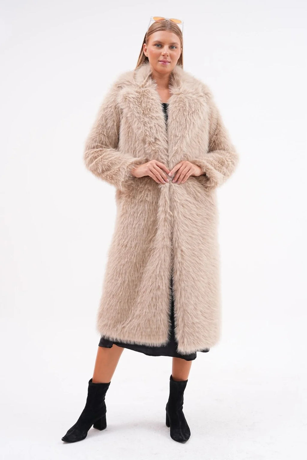 Beige Full-Length Faux Fur Coat