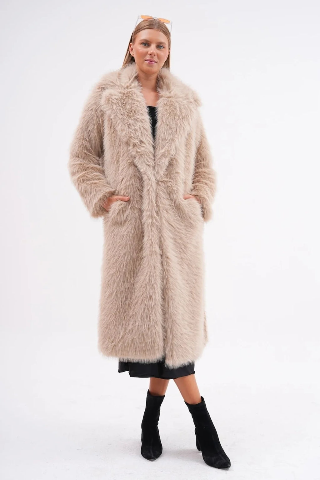 Beige Full-Length Faux Fur Coat