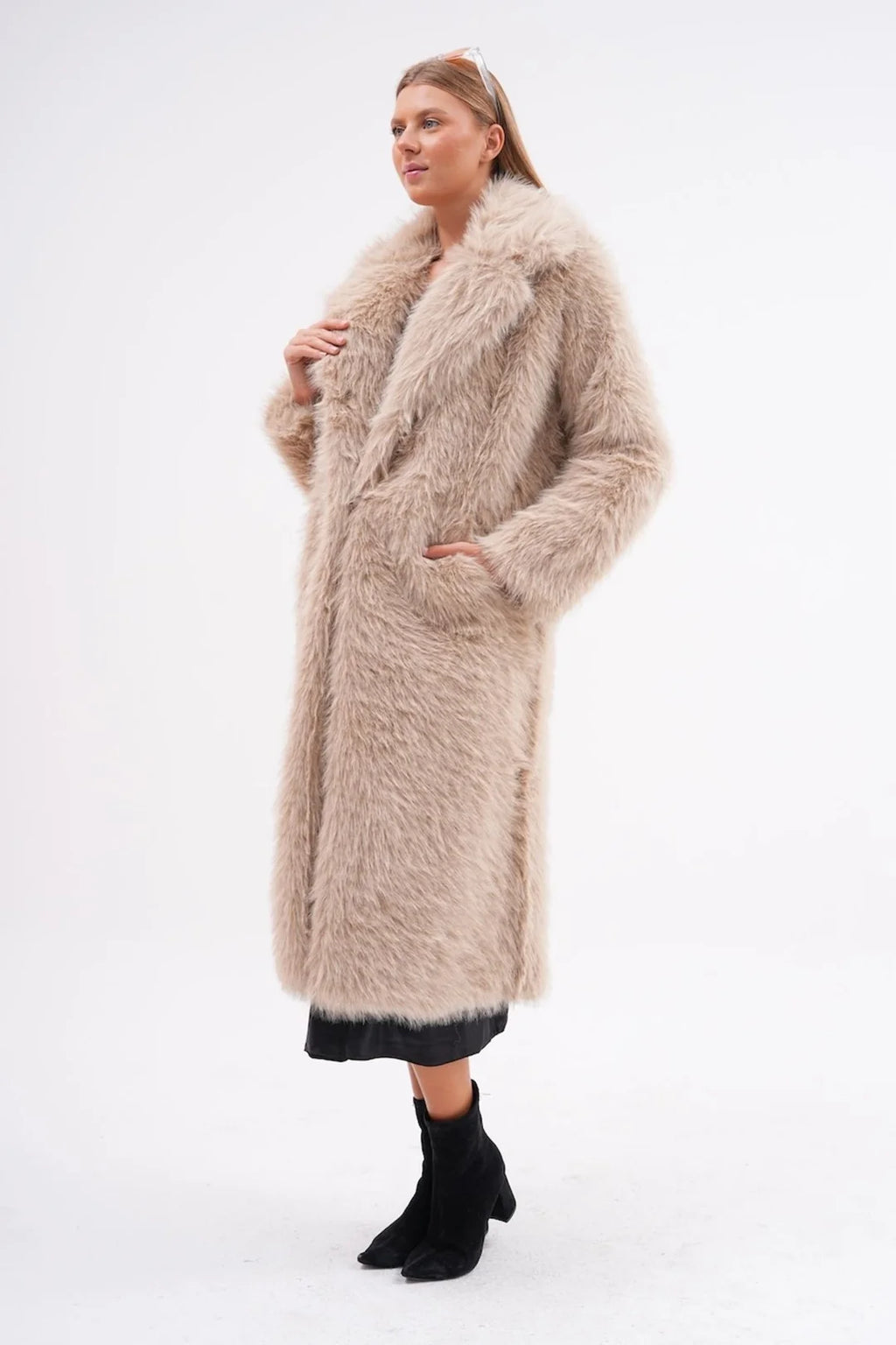 Beige Full-Length Faux Fur Coat