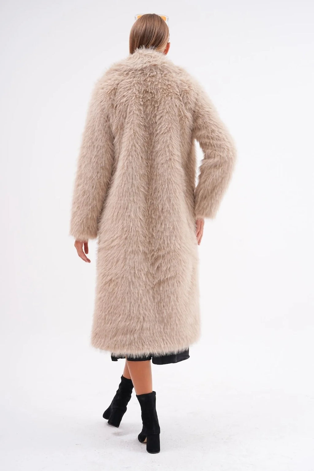 Beige Full-Length Faux Fur Coat