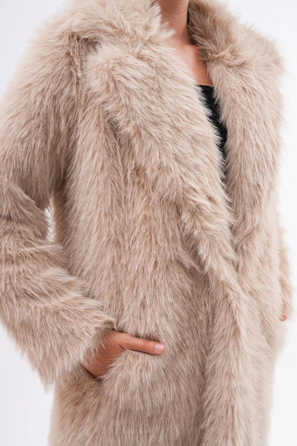 Beige Full-Length Faux Fur Coat