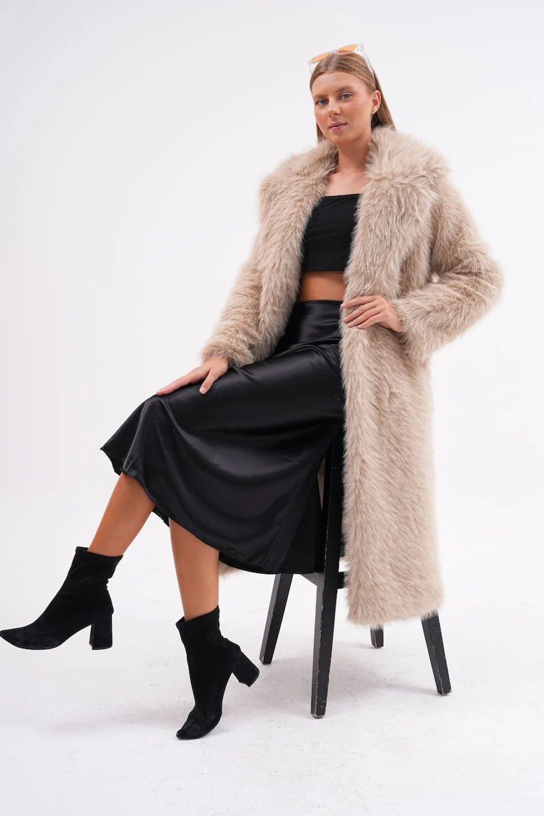 Beige Full-Length Faux Fur Coat