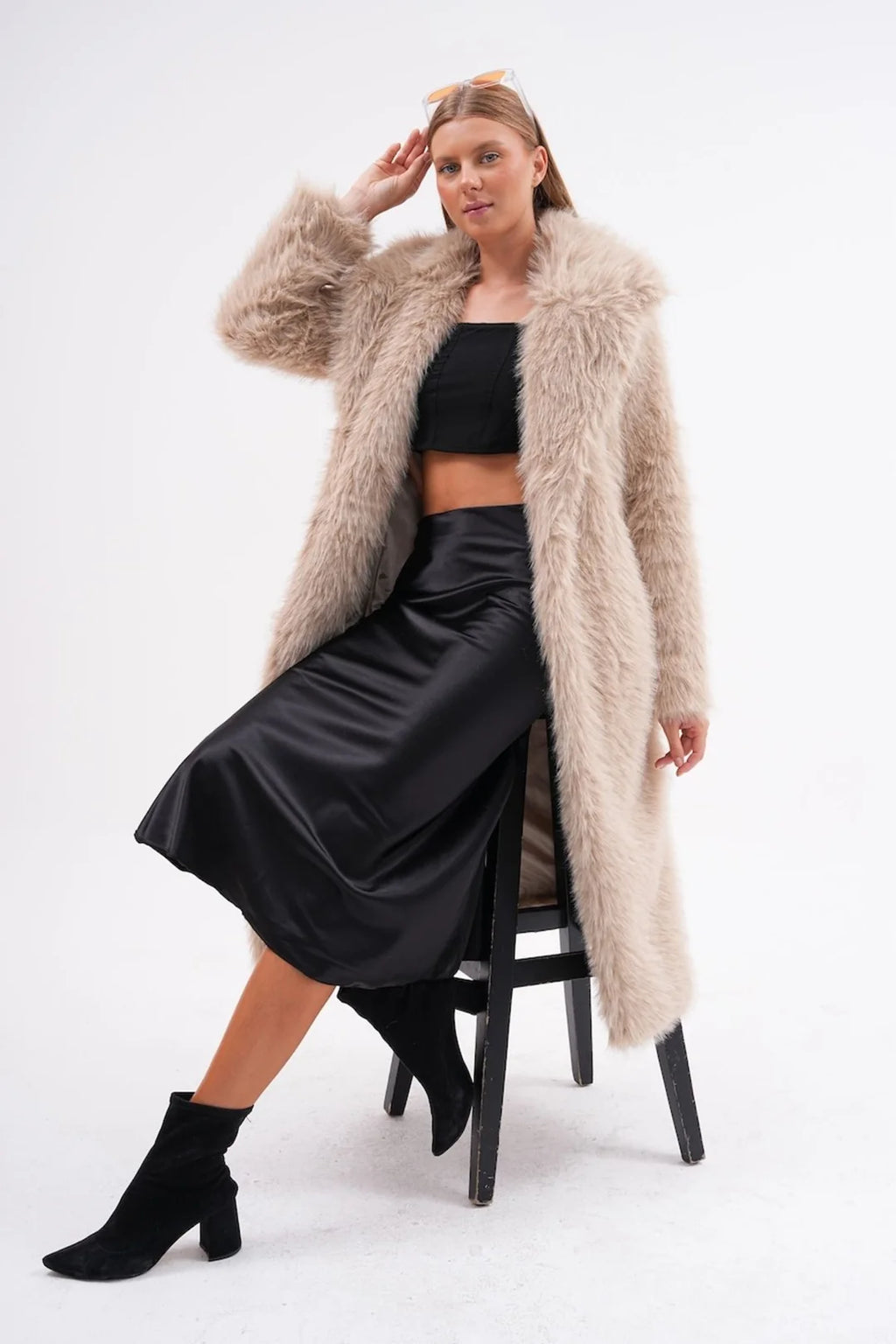Beige Full-Length Faux Fur Coat
