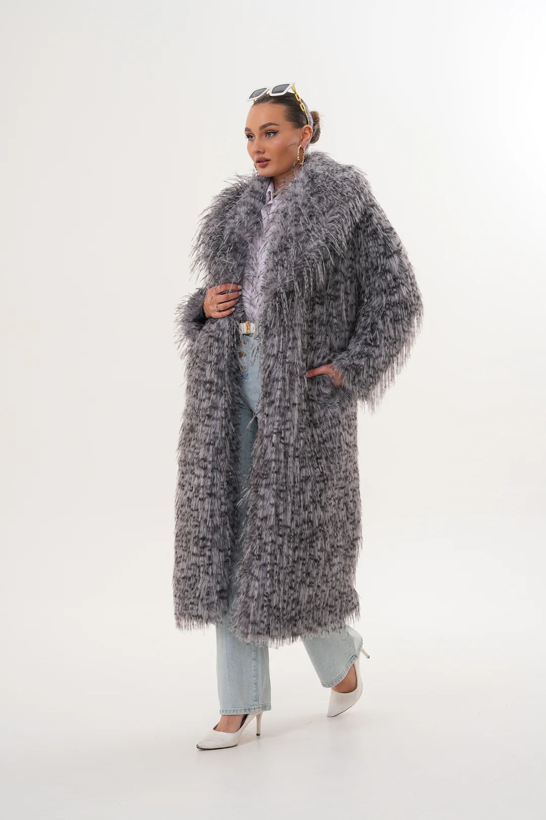 Grey Long Faux Fur Coat