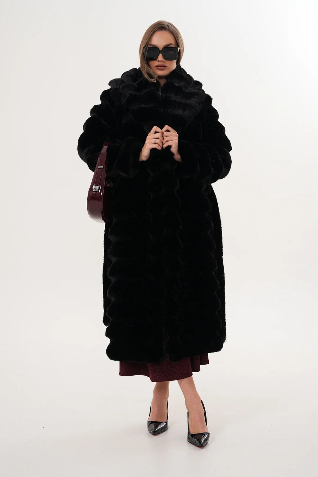 Black Long Chinchilla-Style Faux Fur Coat